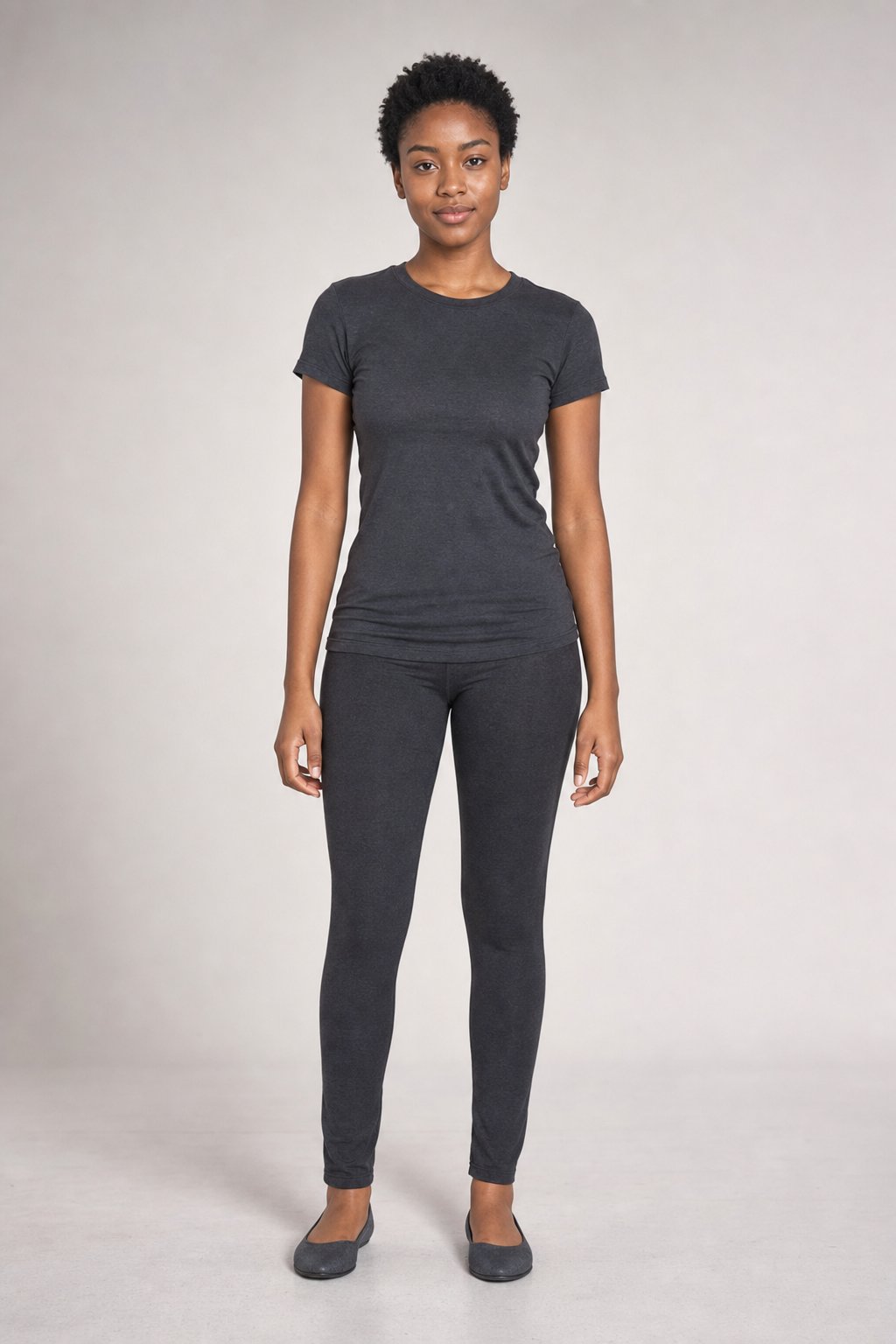 Fictional adult model in plain reference clothing