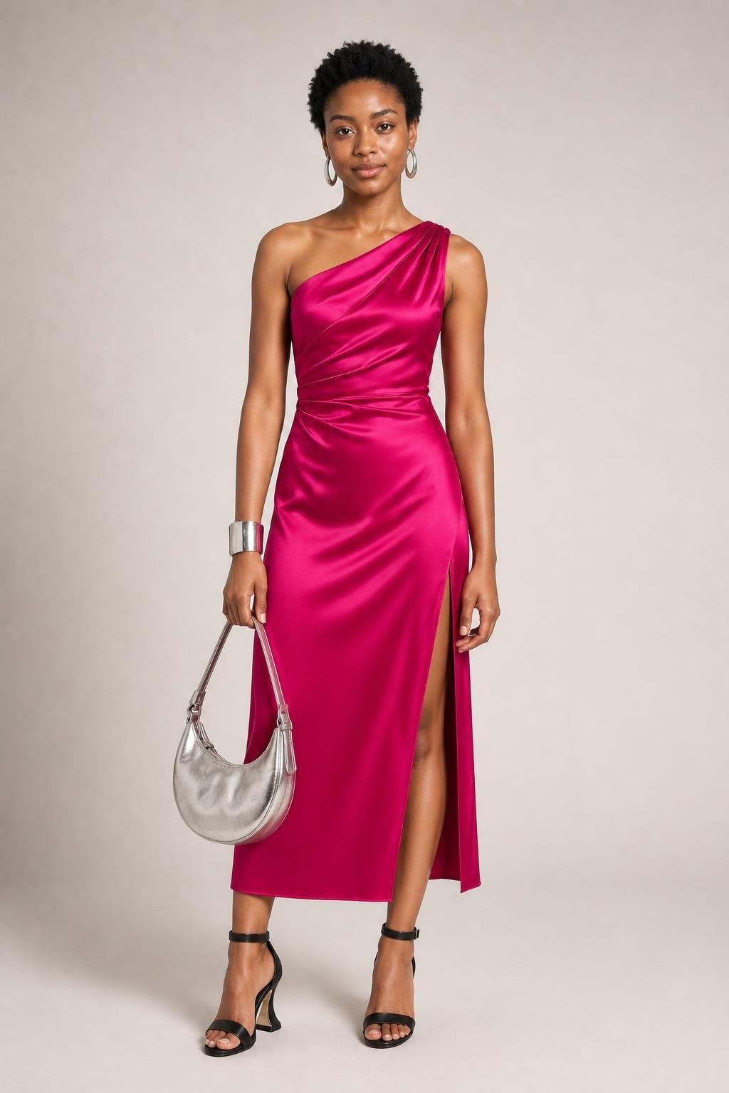 AI-made StyleIrisT preview of the same fictional model wearing a raspberry satin dress, sculptural heels and silver accessories