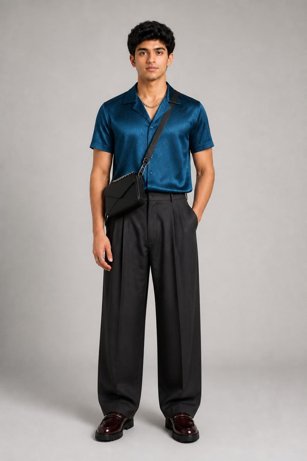 StyleIrisT result showing the fictional 21-year-old model in petrol satin and wide tailoring