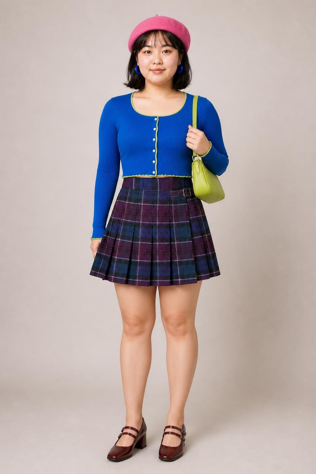 StyleIrisT result showing the fictional 19-year-old model in cobalt knit and tartan skirt