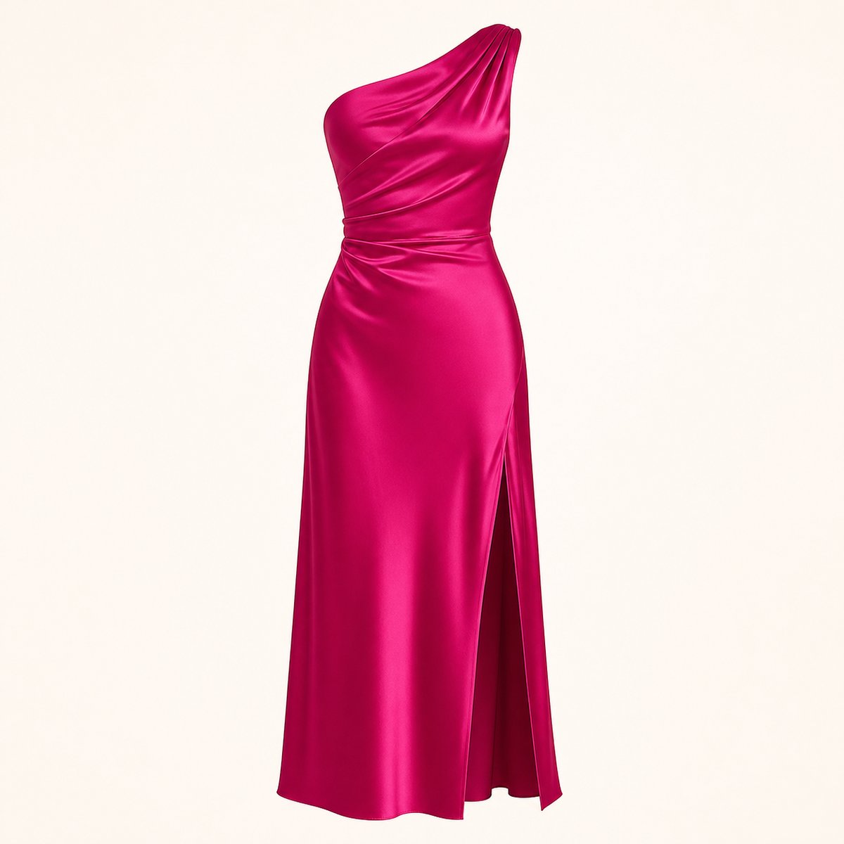 Synthetic raspberry one-shoulder satin dress wardrobe photograph