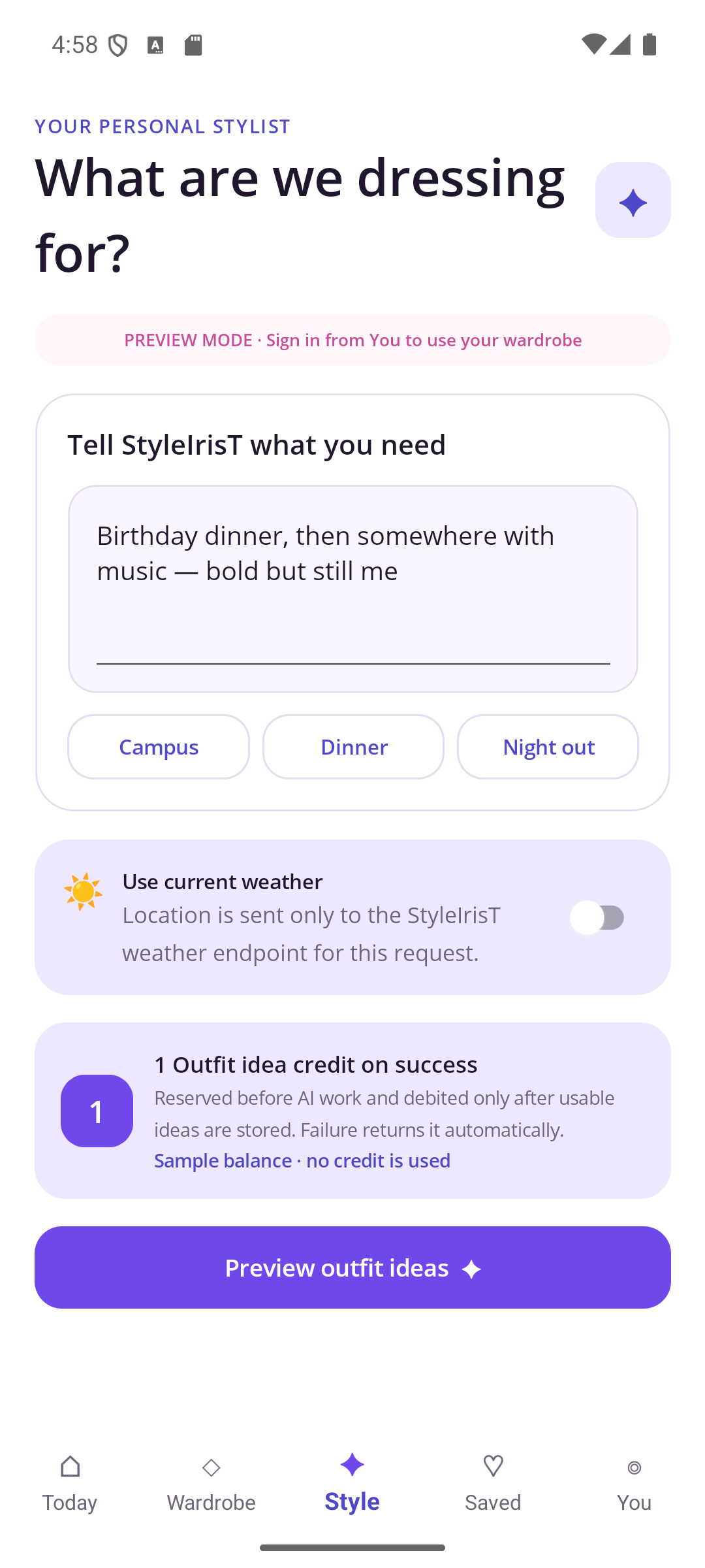StyleIrisT personal stylist request screen