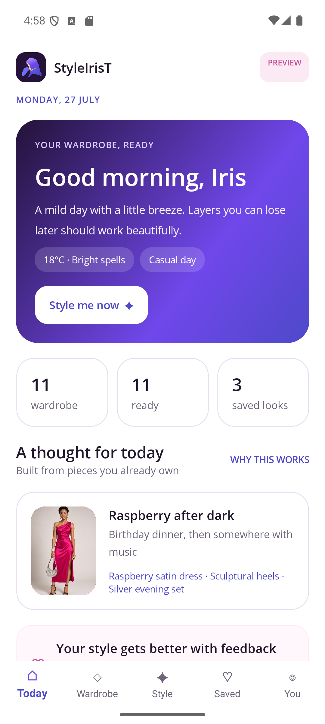 StyleIrisT Today screen with wardrobe summary and a suggested look